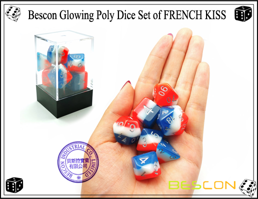 Jeu de Dés poly Gluant Bescon de FRENCH KISS-9 Bescon Glowing Poly Dice Set of FRENCH KISS-9