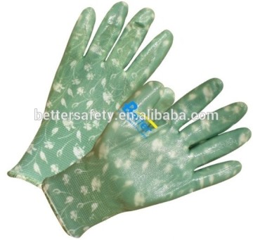 Flower Polyester Liner Nitrile Coated Glove Women garden work