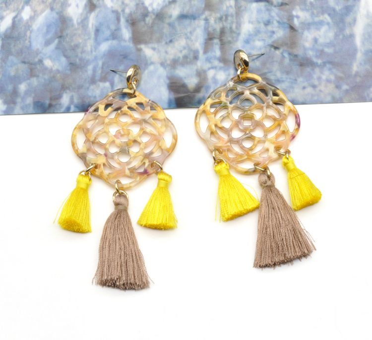 2021 unique laser carved pierced flower pattern colorful acetate chain tassel earrings