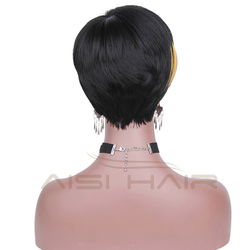 Aisi Hair Heat Resistant Pixie Cut Wigs Synthetic Short Straight Hair With Ombre Red Bangs Wigs For Women