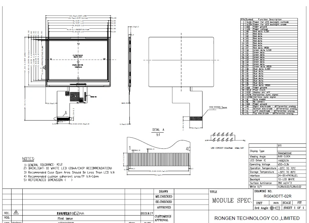 4.3" 40-Pin TFT Display - 480X272 with Touchscreen