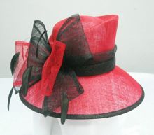 Red / Black Sinamay Ladies Hats Sinamay Bow And Feather Trim For Church