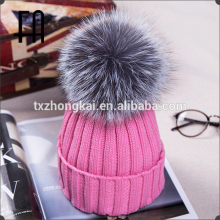 wholesale silver fox fur bobble pom pom hat /fur bobble hat