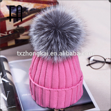 wholesale silver fox fur bobble pom pom hat /fur bobble hat
