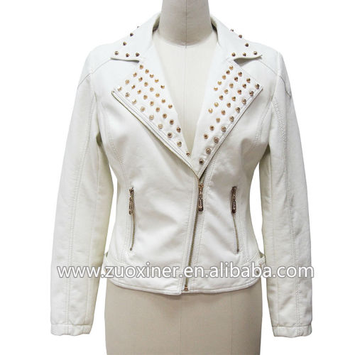 Studs womens leather jackets,round collar faux leather jacket for women