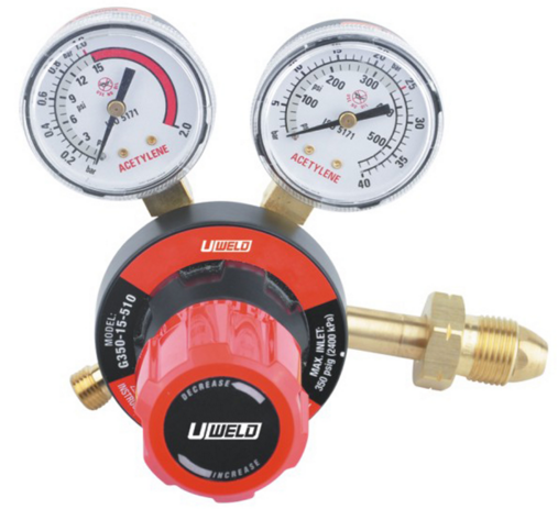 -Easy to read high contrast gauges forclarity. Scale and red tick mark to indicate actual service pressure. -Color coded knobs indicate gas type. Designed for better comfort when adjusting gas pressure. -High strength alloy bonnet with nearly twice the yield strength of brass. -Lower profile regulator with less knob stickout