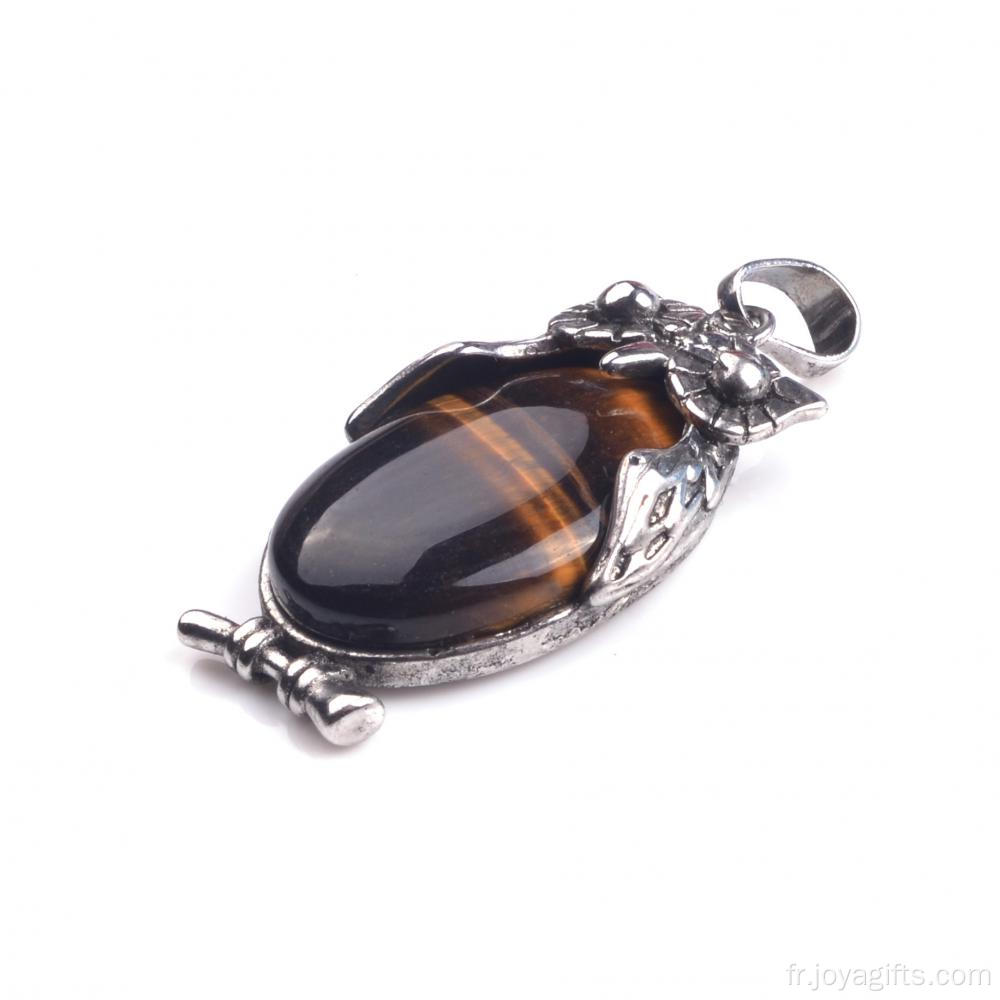 Oeil de tigre de masculine Pierre pendentif collier chouette plaqué argent Collier bijoux