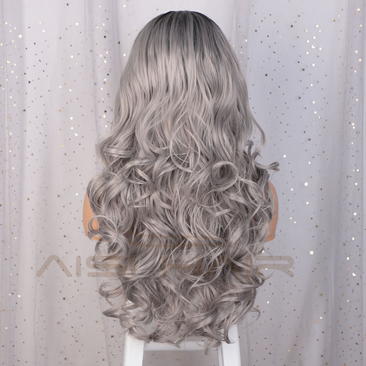 Aisi Hair Cosplay Synthetic Ombre Gray Dark Root Wig Long Wavy Swiss Lace Wig Body Wave Lace Frontal Hair Wigs For Black Women