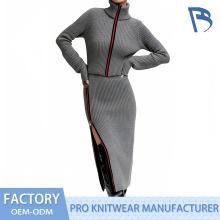 Stylish Grey Knitted Long Dress Featuring Red Zipper