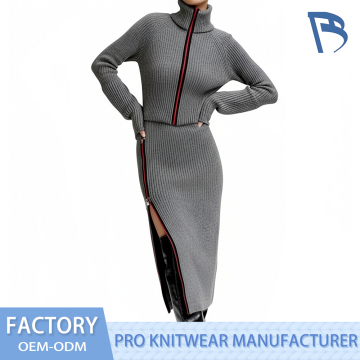 Stylish Grey Knitted Long Dress Featuring Red Zipper