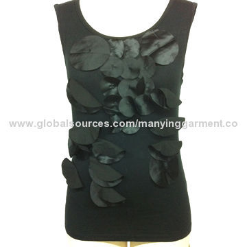 Women's tank tops, satin laser cut round pieces decoration at front, shiny and attractive