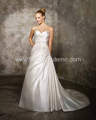 A-line Sweetheart Cathedral Train Satin Criss-Cross Beading Wedding Dress