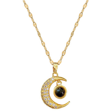 Women's Luxury Stainless Steel Diamond Crescent Moon Necklace