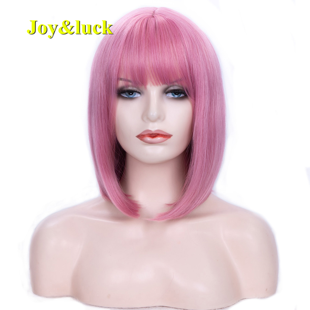 Short Bob Cut Wholesale Prices For Women With Bangs Ladies Cosplay Party Pink Natural Straight Short Bob Wig Synthetic Hair Wigs