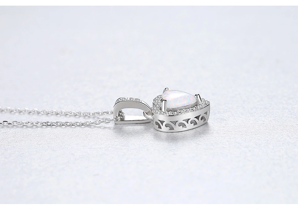 S925 Silver CZ Delicate Opal Stone Heart Pendant Necklace