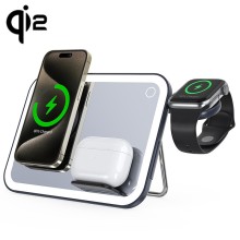 3-in-1 Wireless Charger Station: Foldable LED Makeup Mirror with Night Light, Suitable for 15W Phones and PD 30W Plug