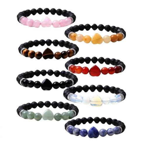 Natural Black Lava Stone Heart with 8MM Round Gemstone Stretch Elastic Bracelet for Men Women Crystal Round Beads Bracelet