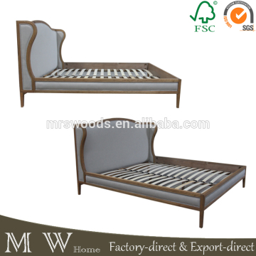 french solid oak wooden wing back bed, upholstered wing bed, wing back bed