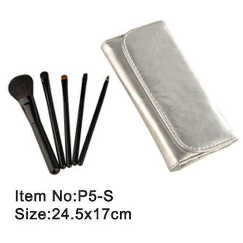 5pcs noir brosse cosmétiques de cheveux animal/nylon de poignée en plastique sertie de dossier satin argent