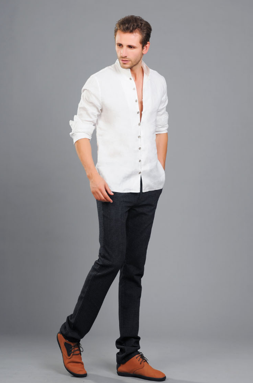 New casual men's wear Chinese national style men's long sleeve stand collar linen shirt pure color slim shirt