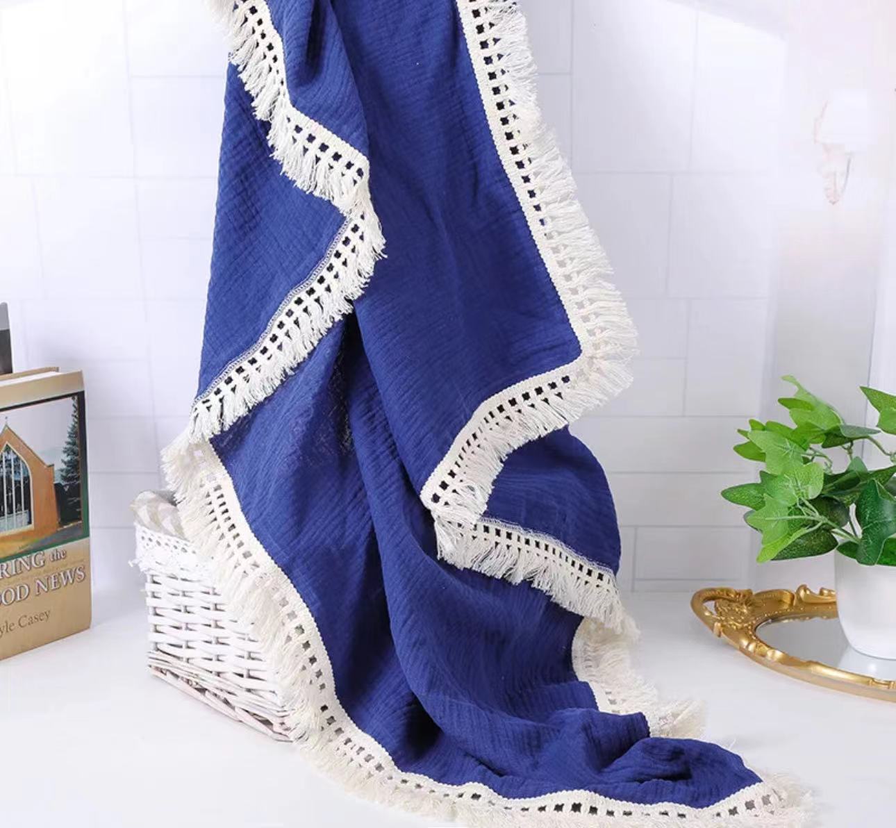 100 pamuklu saçaklı bebek battaniyesi koyu mavi 100 Cotton Fringed Baby Blanket Dark Blue