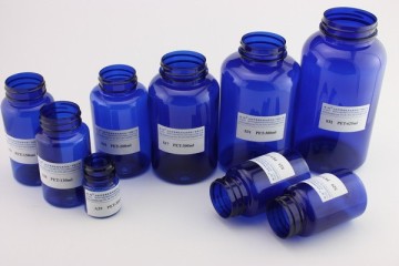 Blue plastic pill bottles