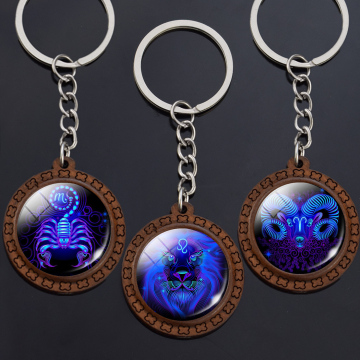 12 Constellations Wooden Key Chains 12 Zodiac Signs Glass Cabochon Pendant Keychain Aries Leo Scorpio Pisces Cancer Keyring