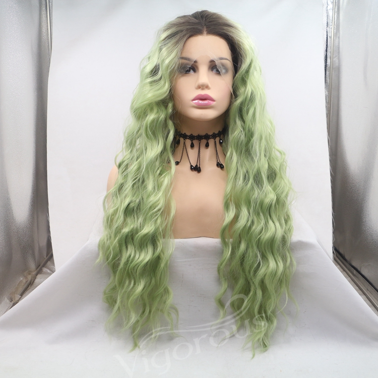 26 Inch Long Water Wavy Ombre Green Color 13x3 Lace Front  For Women Curly Green Hair Full Wig Fibre Synthetic