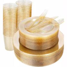 150 PCS Gold Glitter Plastic Party Tableware Set