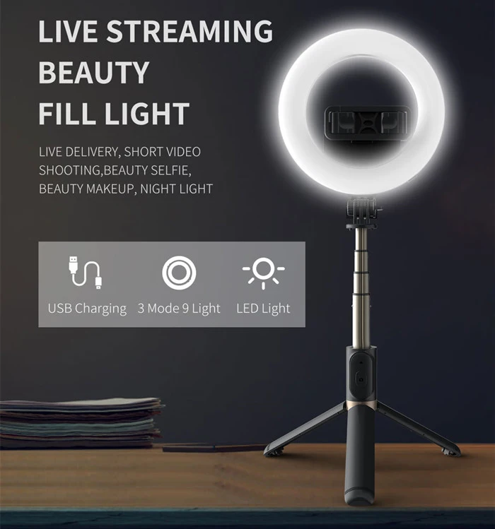 Q07 Bluetooth 360 Rotating LED Circle Lamp Selfie Stick Tripod