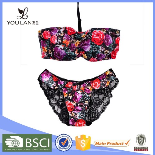 Latex hot lace halter flower printing colorful silk bra and panty set