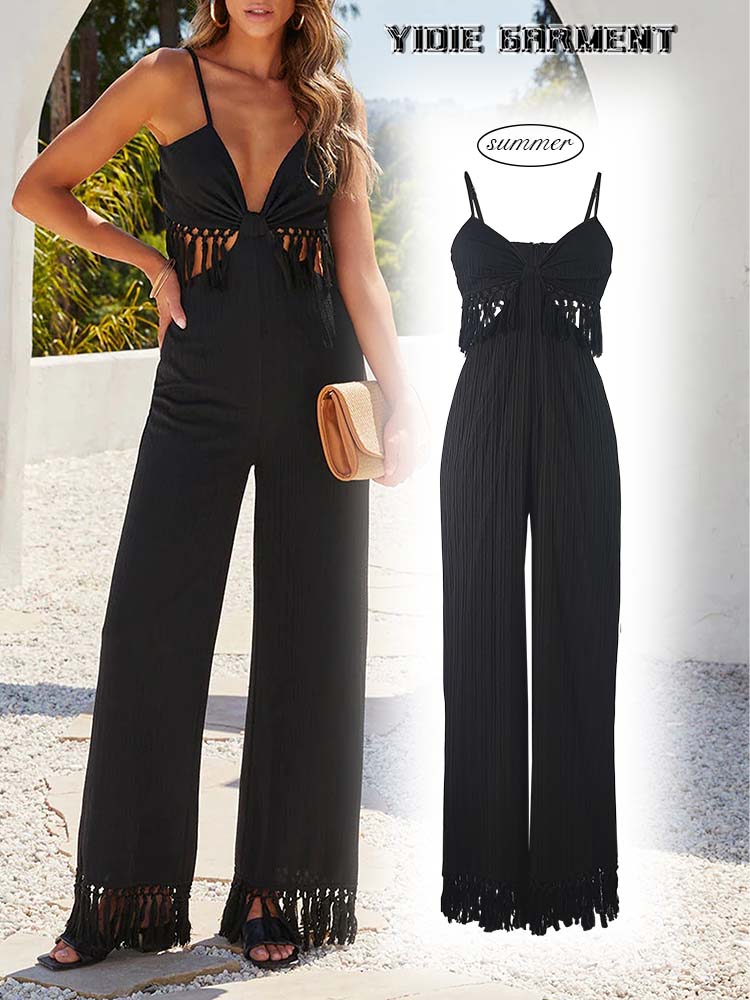 Black Tassel Fringes Open Back Wide Leg Jumpsuit