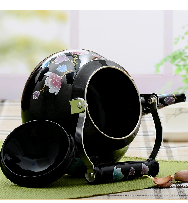 Good Quality Black Flower Decale Tea Pot Pear Shape Enamel Kettle