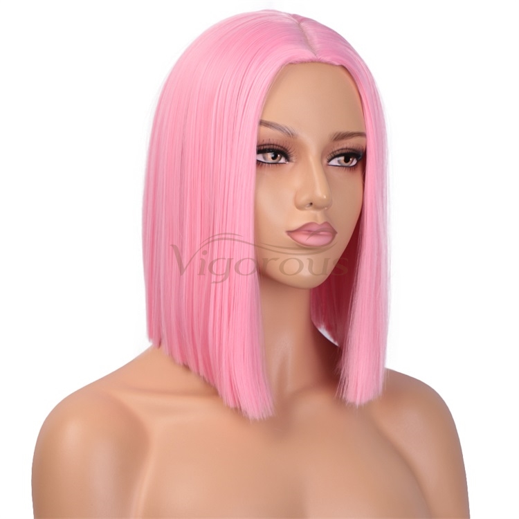 Vigorous Pink Wig Synthetic Straight Hair Middle Part Shoulder Length Bob Wigs for Women Colorful Fashion Bob Wigs