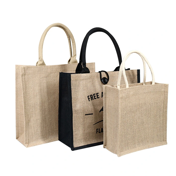 Wholesale Black Handle Reusable Bags Front Canvas Pocket Tote Jute Shopping Bag with Customized Logo