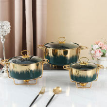 Golden Edge Round Casserole Ceramic Soup Pot with Iron Stand