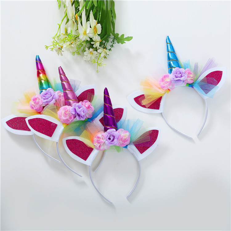 Amazon Top Selling Wholesale Cute Design Unicorn Horn Headband With Artificial Flower