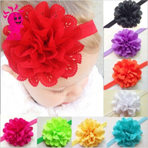 Wholesale 2015 Hot Sale Fashion 12Colors Cute Big Wavy Mesh Flower Baby Elastic Handband High Quality Kids Head Accessory