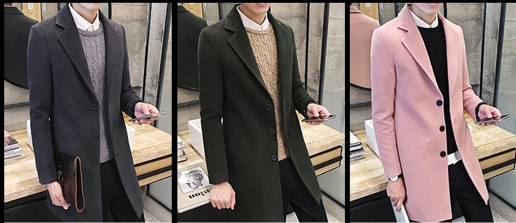 Men's Hong Kong Style Slim MID-Length Woolen Woolen Jacket