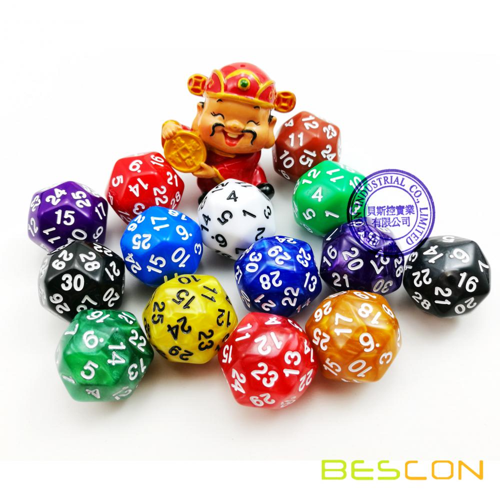 Dados polihédicos opacos multicolores mezclados 30 lados, dados D30 Die Gaming, dados D30, 30 lados dados