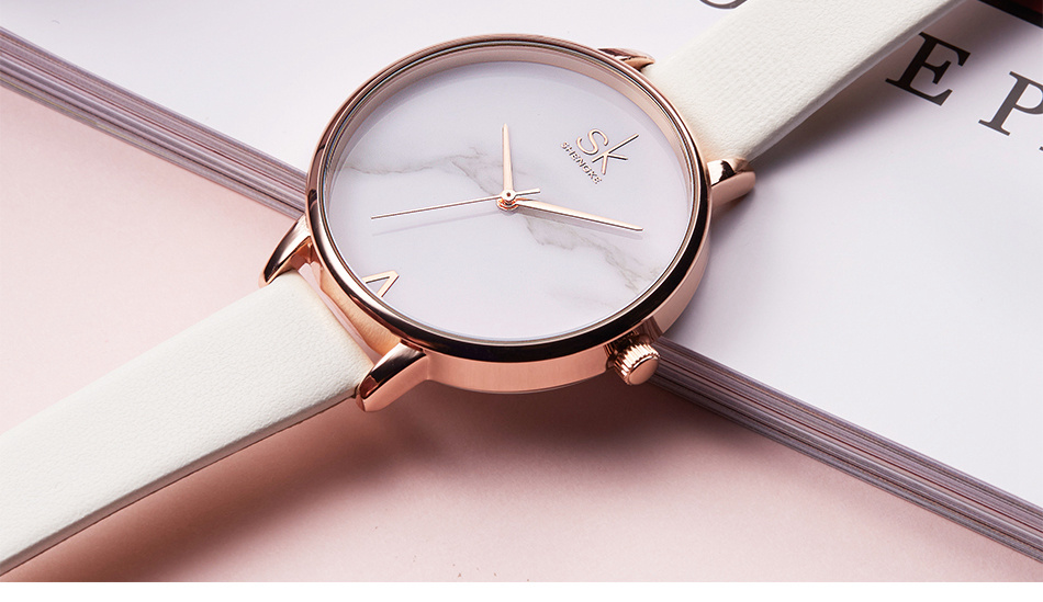 Shengke Top Brand Fashion Ladies Watches Leather Female Quartz Watch Women Thin Casual Strap Watch Reloj Mujer Marble Dial SK