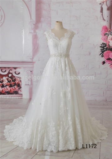 Lace wedding dress, new style A-line V-neck beading sash dress