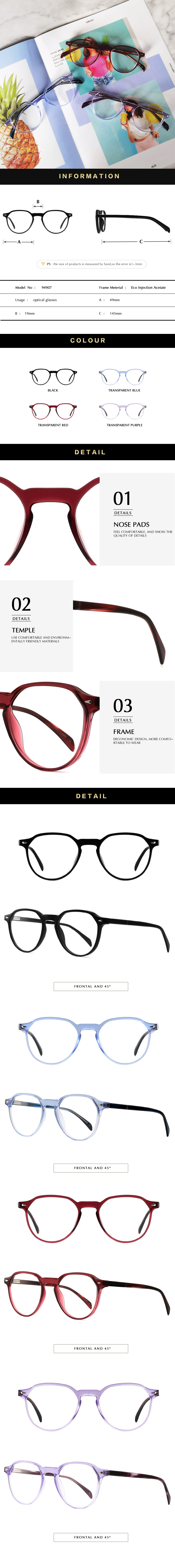 slim acetate optical glasses frame