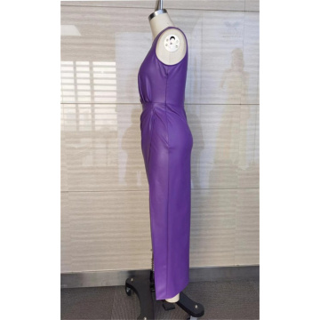 Ladies Sleeveless Sexy Slim Split Purple PU Dress