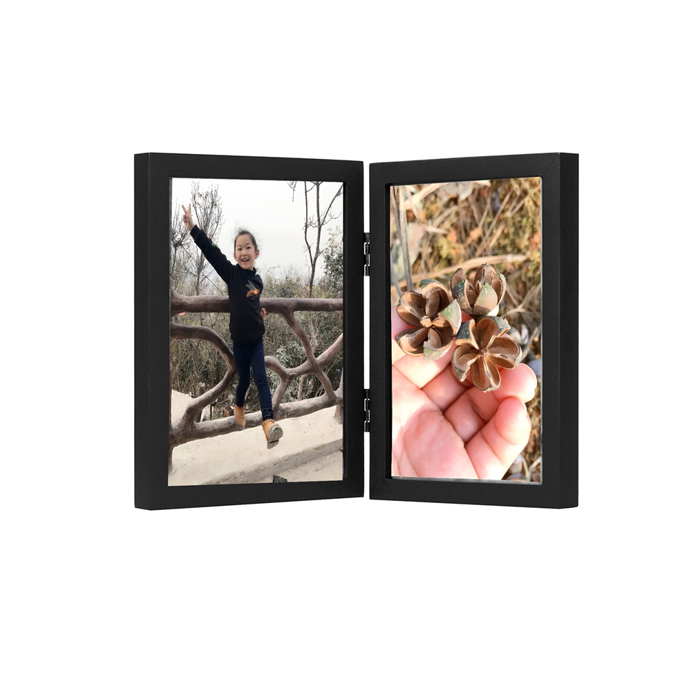 high quality wholesale 5x7 Inch Black Hinged Picture Frame with Glass Front Stands Vertically on Desktop or Table Top