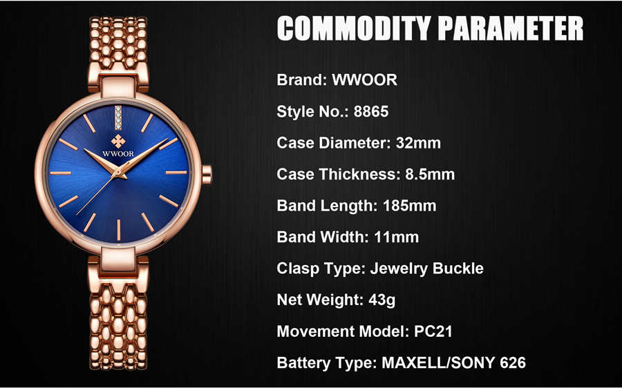 WWOOR 8865 Ladies Watch Quartz Luxury Rose Gold Watches Fashion Dress Wristwatches Stainless Steel Reloj de mujer