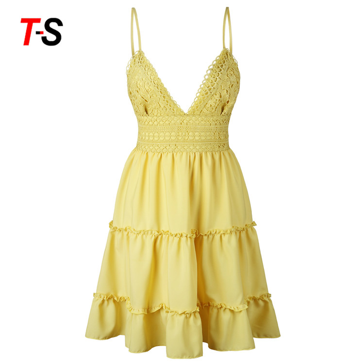 Best selling Summer Sweet Casual Party Style Dresses Striped sling sexy v-neck bow lace splice dress