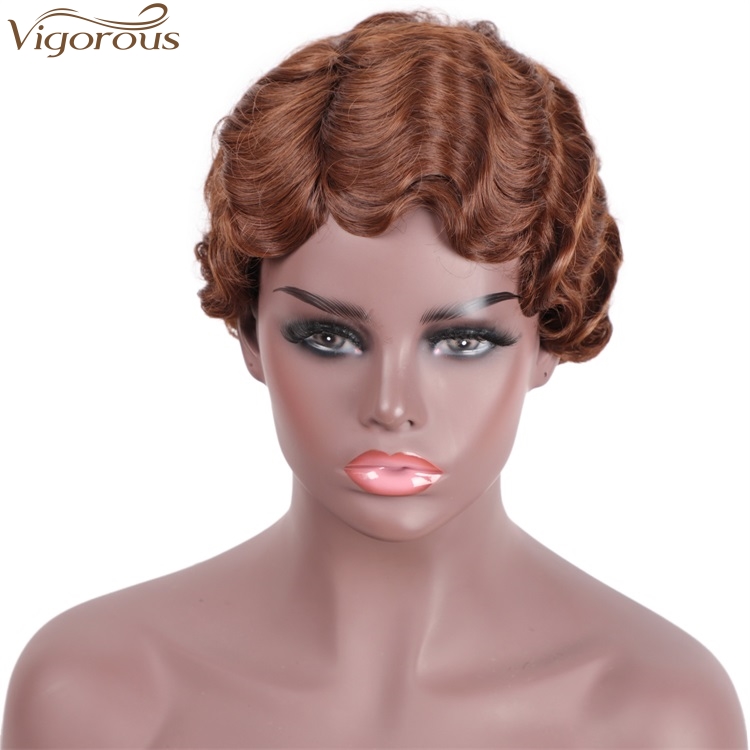 Vigorous Wholesale Price Cheap Short Pixie Cut Brown Wig for Black Women Wave Synthetic Wigs High Temperature