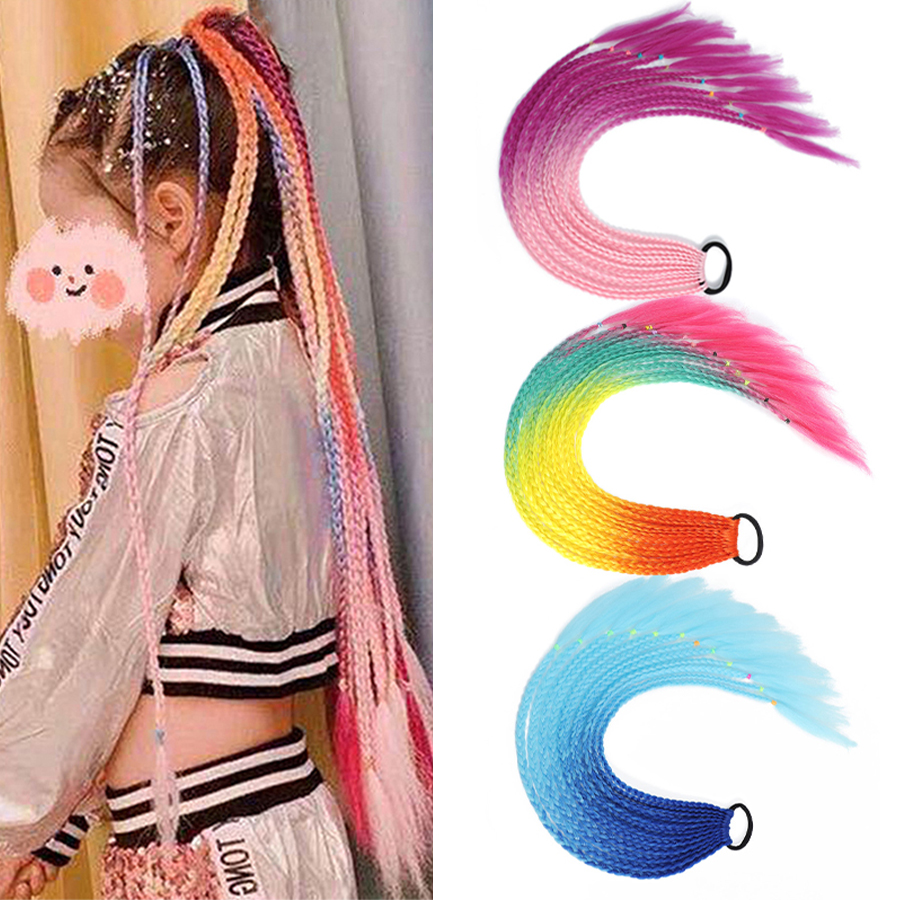 Alileader Colorful Box Ponytail Extensions False Overhead Tail With Rubber Elastic Band Braiding Hair Piece Pigtail Synthetic