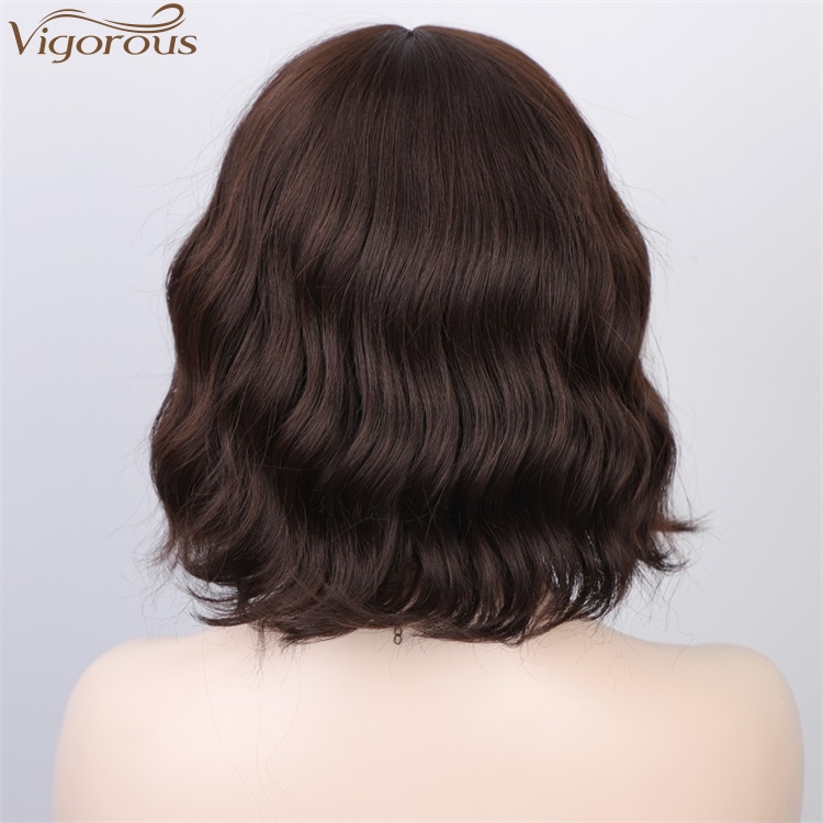 Vigorous New Style Short Bob Brown Wig With Bangs Wavy Wig Heat Resistant Synthetic Fiber Wigs For Black White Women